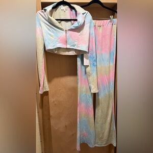 RoseVelvet Pastel Tie-Dye Two-Piece Lounge Set - Crop Zip Top & Pants Size Small